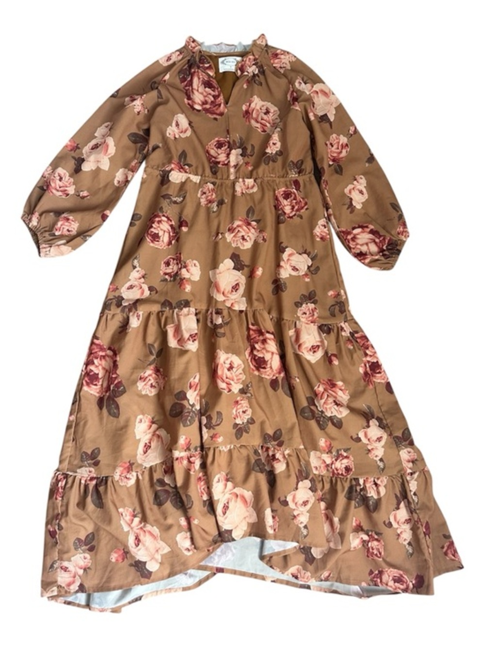 Joyfolie Brown Floral Tie-Neck Maxi Dress with Pink Roses